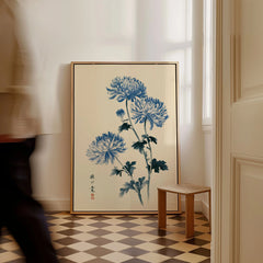 Blue Chrysanthemum Art Print – Japanese Botanical Wall Art — framed canvas on floor man walking past