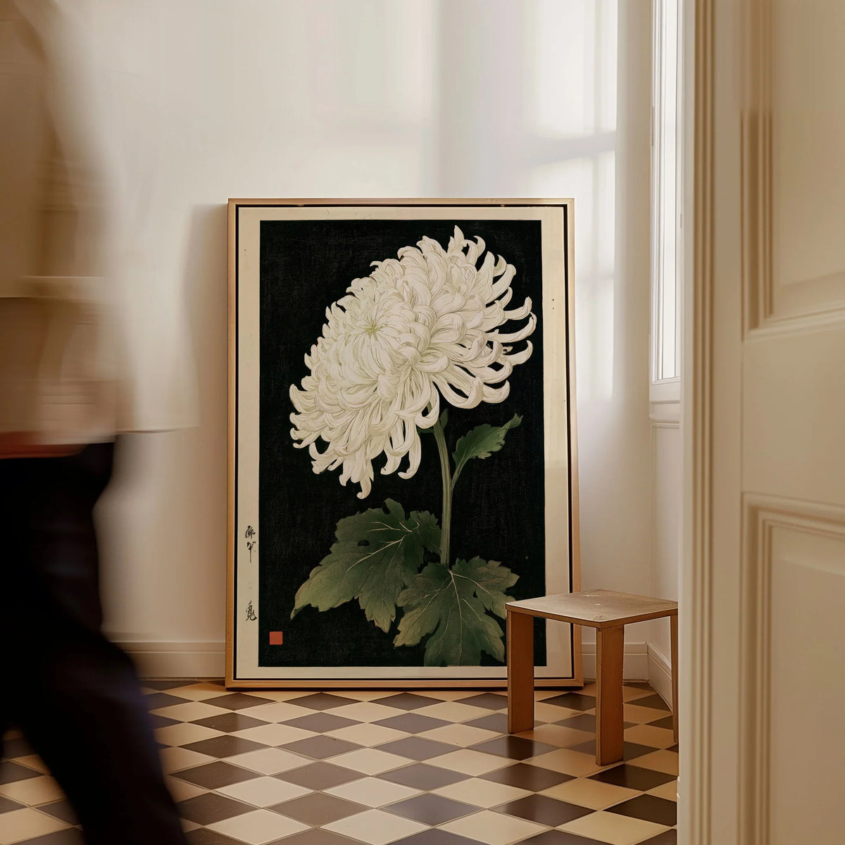 White Chrysanthemum Wall Art – Black Japanese Botanical Print — framed canvas on floor man walking past