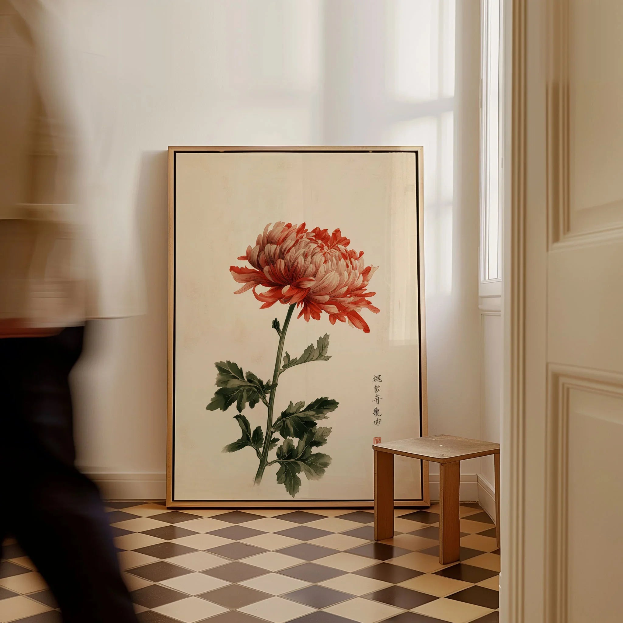 Red Chrysanthemum Art Print – Vintage Japanese Flower Wall Art — framed canvas on floor man walking past