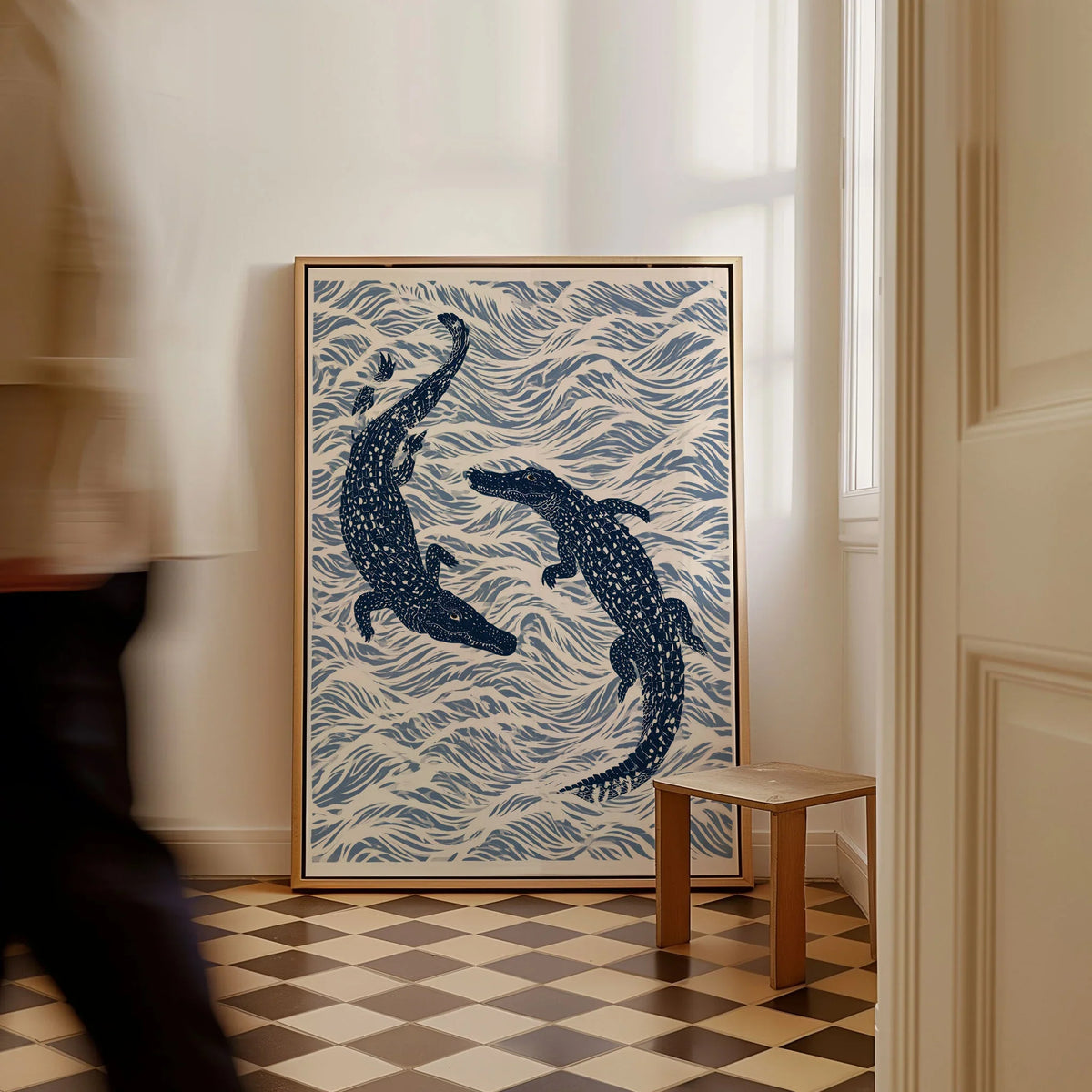 Crocodile Art Print – Blue Japanese Woodblock Wall Art — framed canvas on floor man walking past