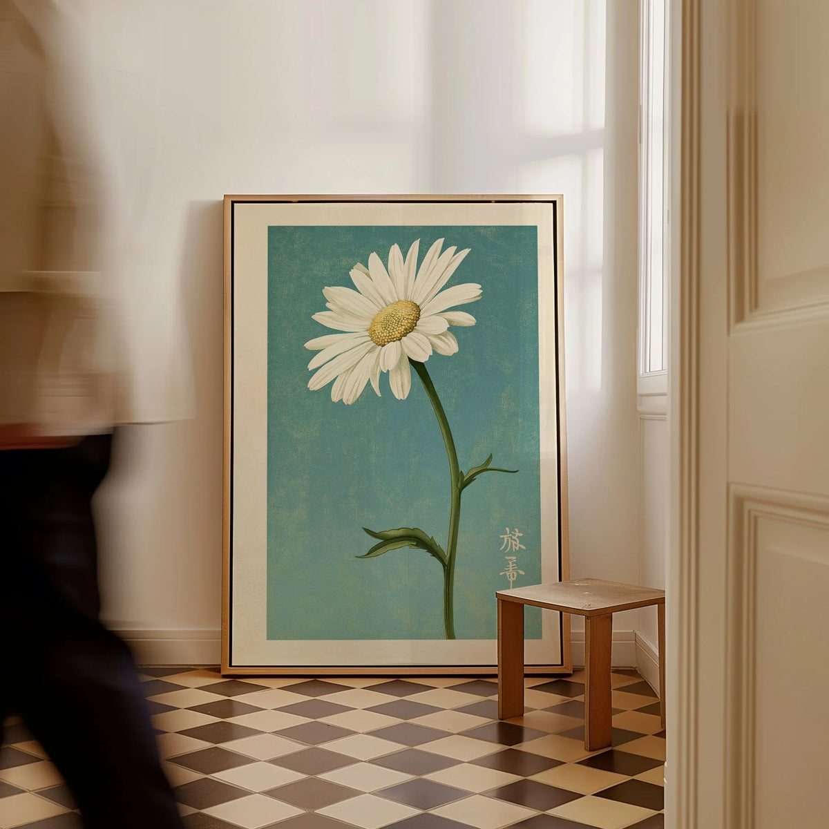 Daisy Art Print – Blue Japanese Botanical Wall Art — framed canvas on floor man walking past