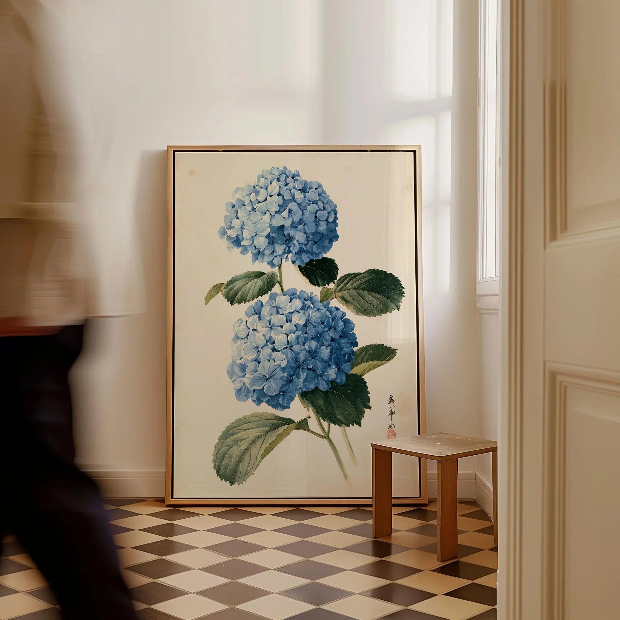 Blue Hydrangea Art Print – Japanese Botanical Wall Art — framed canvas on floor man walking past