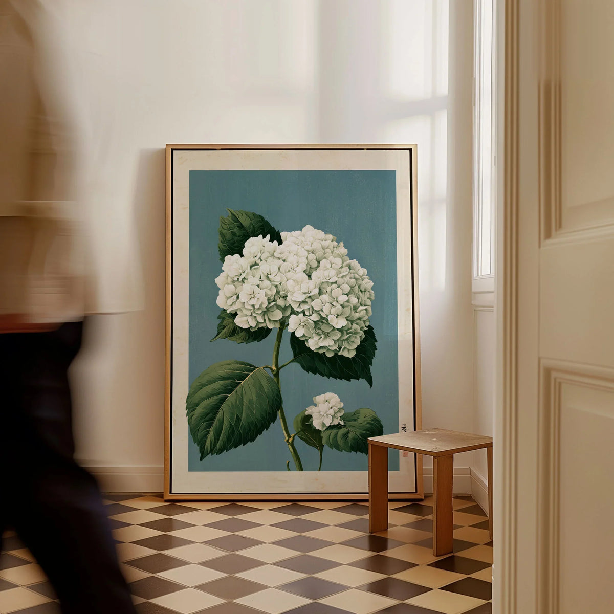 White Hydrangea Wall Art – Blue Japanese Botanical Print — framed canvas on floor man walking past