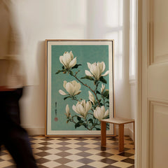 Magnolia Art Print – Blue Japanese Botanical Wall Art — framed canvas on floor man walking past