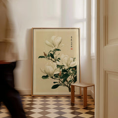 Magnolia Wall Art – Vintage Japanese Botanical Print — framed canvas on floor man walking past