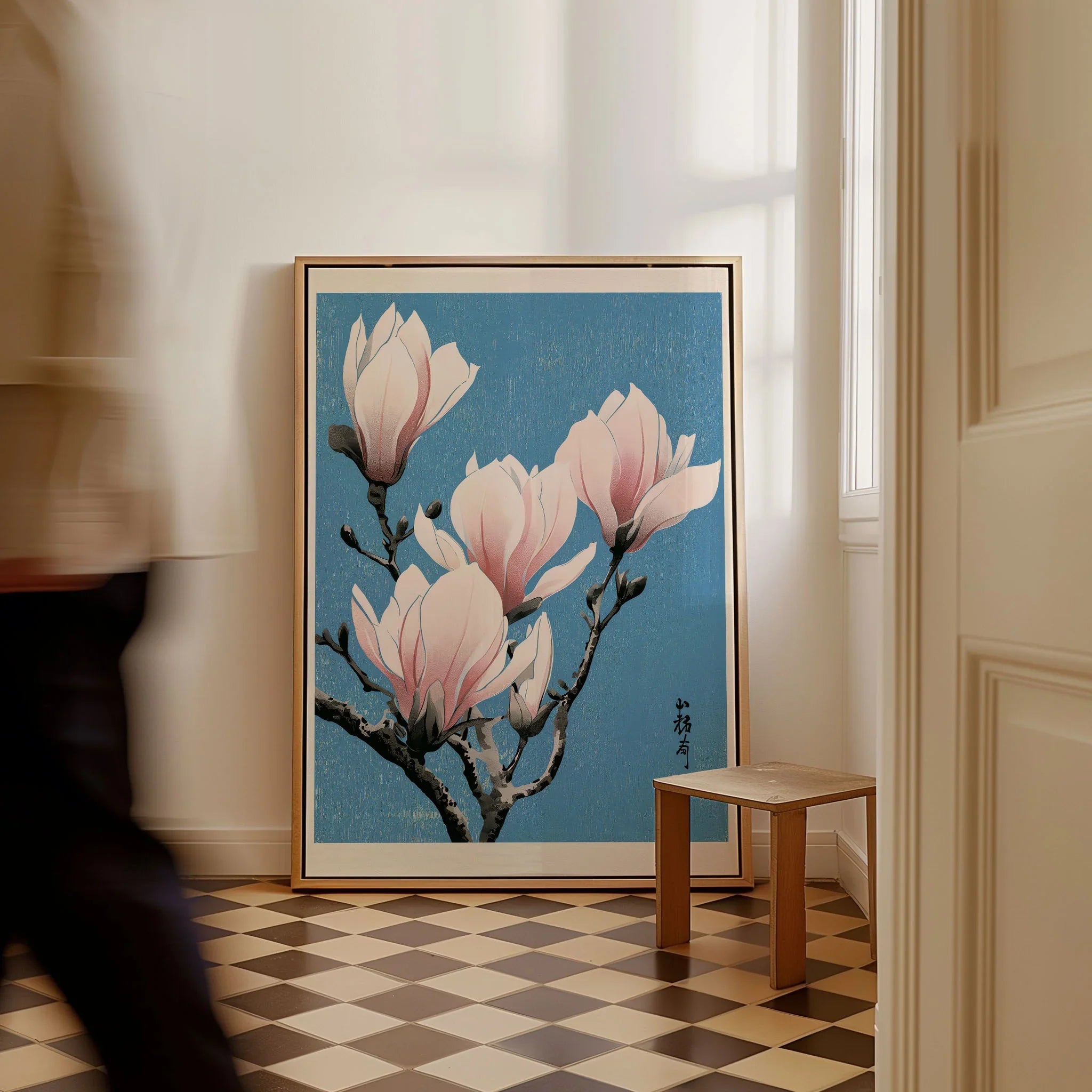 Pink Magnolia Art Print – Blue Japanese Botanical Wall Art — framed canvas on floor man walking past