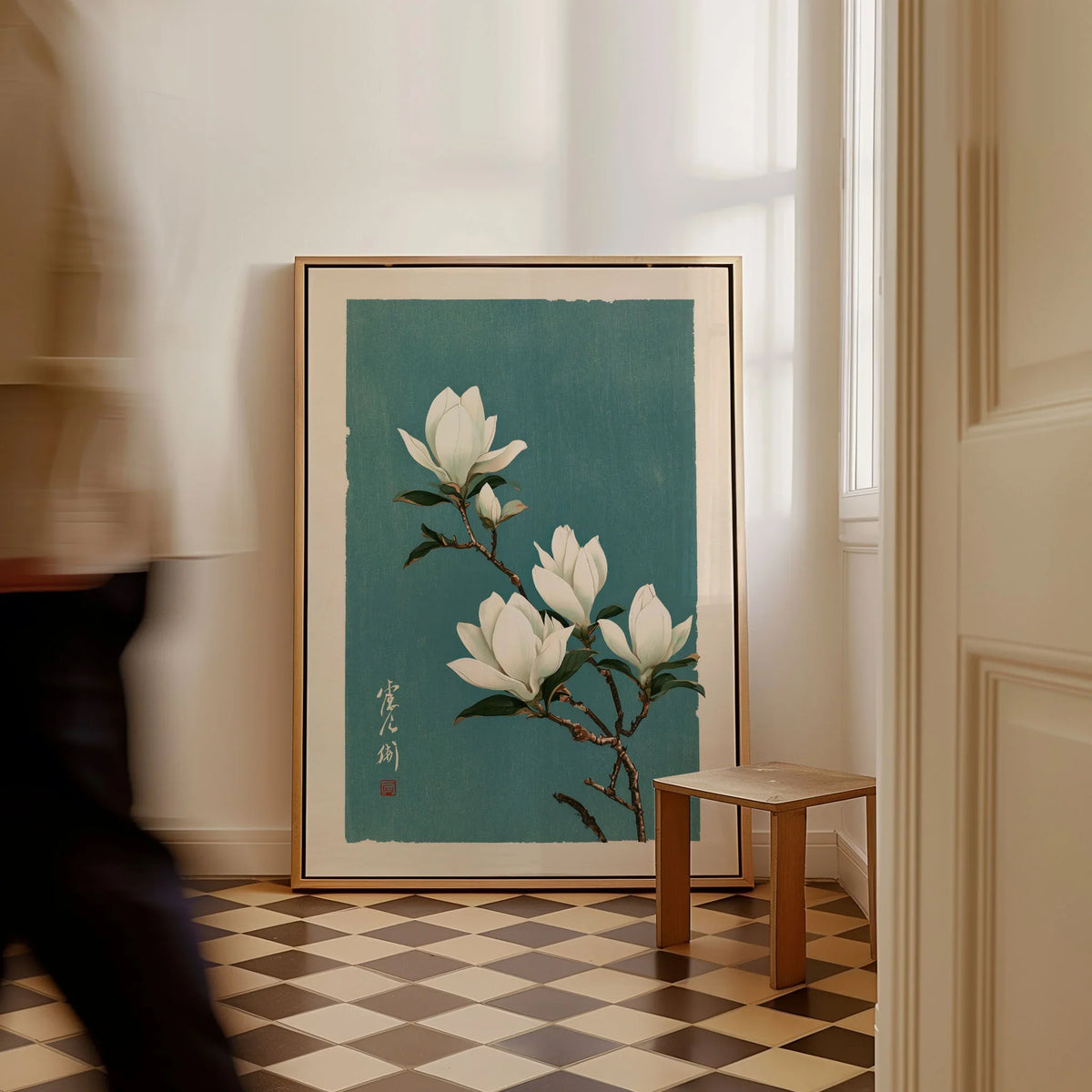 White Magnolia Art Print – Teal Japanese Botanical Wall Art — framed canvas on floor man walking past