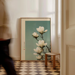 Magnolia Blossom Art Print – Soft Japanese Botanical Wall Art — framed canvas on floor man walking past