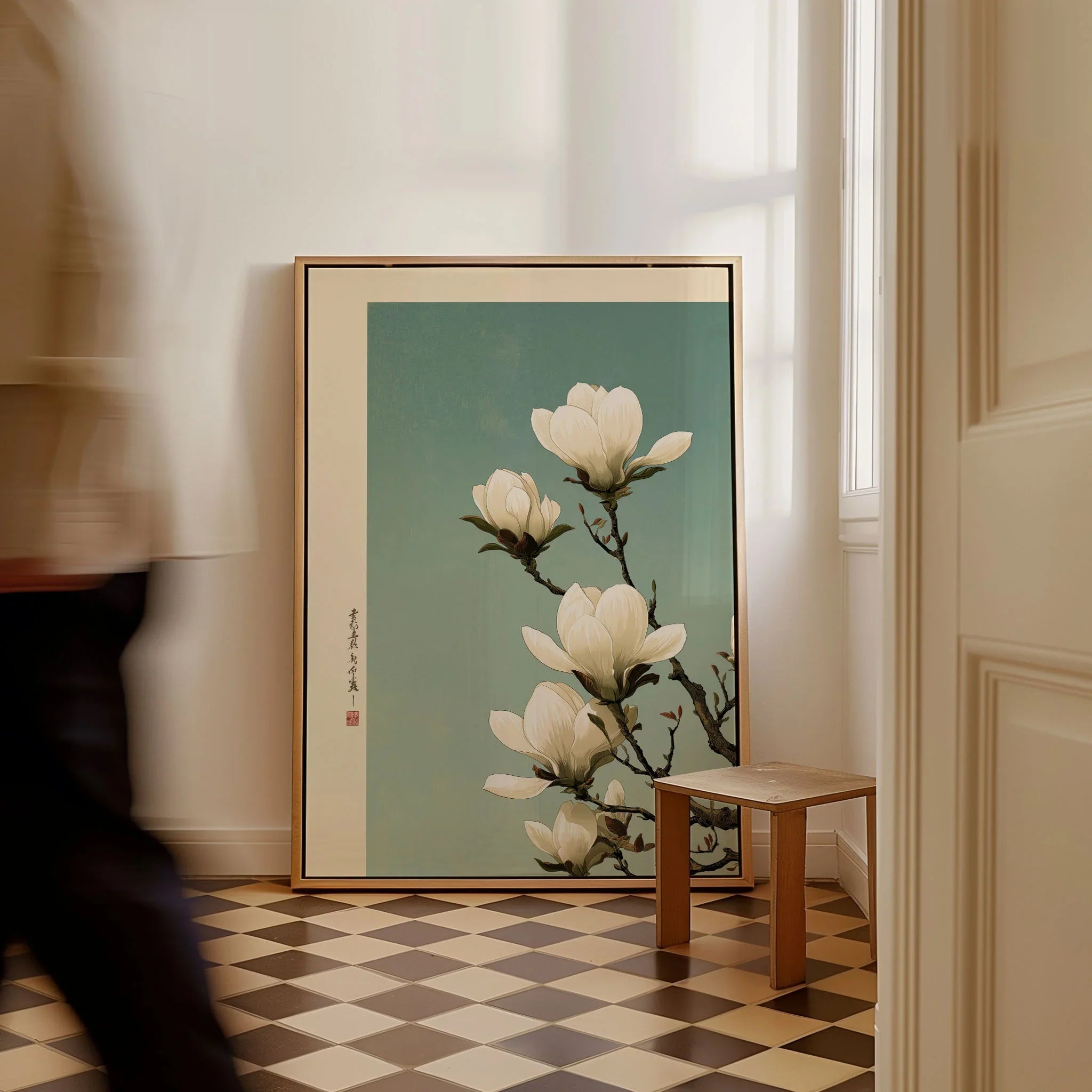 Magnolia Blossom Art Print – Soft Japanese Botanical Wall Art — framed canvas on floor man walking past