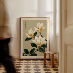 Magnolia Flower Wall Art – Neutral Japanese Botanical Print — framed canvas on floor man walking past