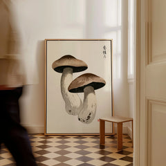 Mushroom Art Print – Vintage Japanese Botanical Wall Art — framed canvas on floor man walking past
