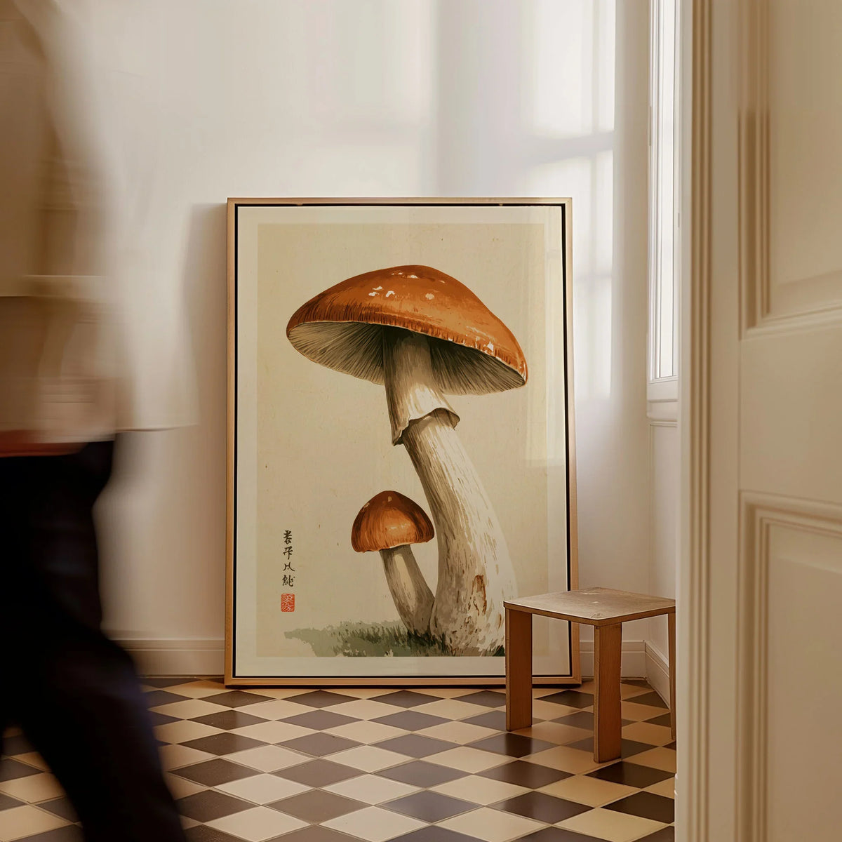 Mushroom Wall Art – Vintage Japanese Woodland Print — framed canvas on floor man walking past