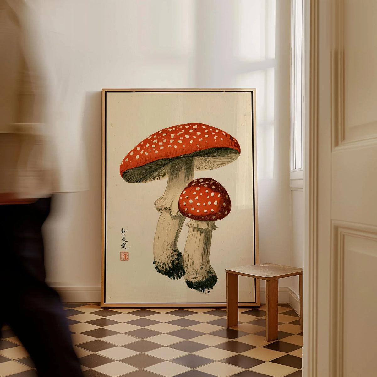 Fly Agaric Mushroom Art Print – Red Japanese Wall Art — framed canvas on floor man walking past
