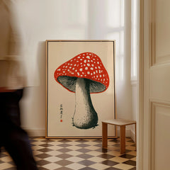 Red Mushroom Art Print – Japanese Woodblock Wall Art — framed canvas on floor man walking past