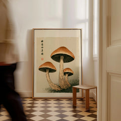 Mushroom Print – Japanese Forest Botanical Wall Art — framed canvas on floor man walking past