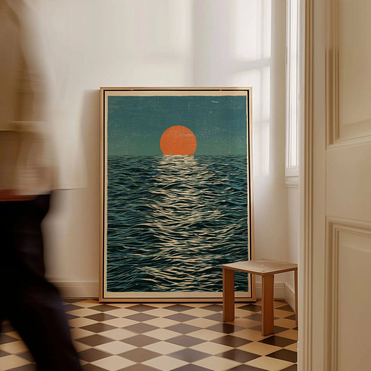 Ocean Sunset Art Print – Japanese Seascape Wall Art — framed canvas on floor man walking past