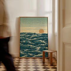 Japanese Ocean Art Print – Vintage Seascape Wall Art — framed canvas on floor man walking past