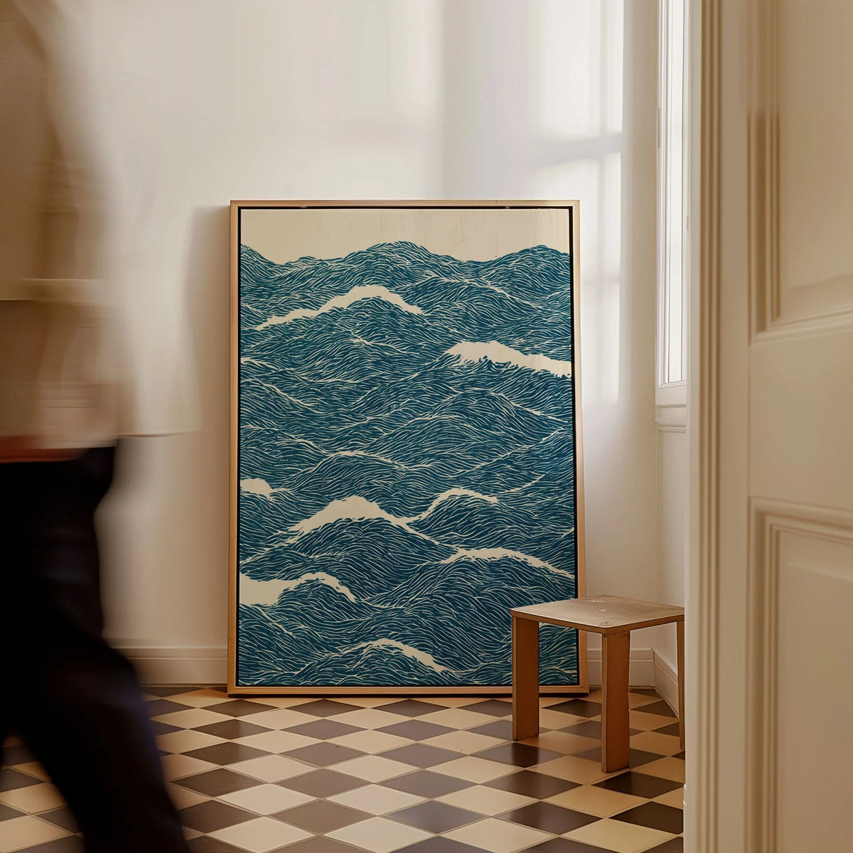 Ocean Waves Art Print – Blue Japanese Seascape Wall Art — framed canvas on floor man walking past