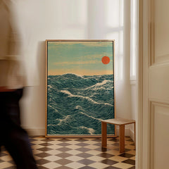 Red Sun Ocean Art Print – Japanese Seascape Wall Art — framed canvas on floor man walking past