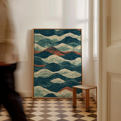 Linocut Style Ocean Art Print – Japanese Wave Pattern Wall Art — framed canvas on floor man walking past