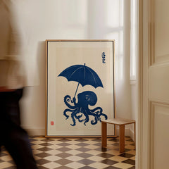 Octopus with Umbrella Art Print – Blue Japanese Wall Art — framed canvas on floor man walking past