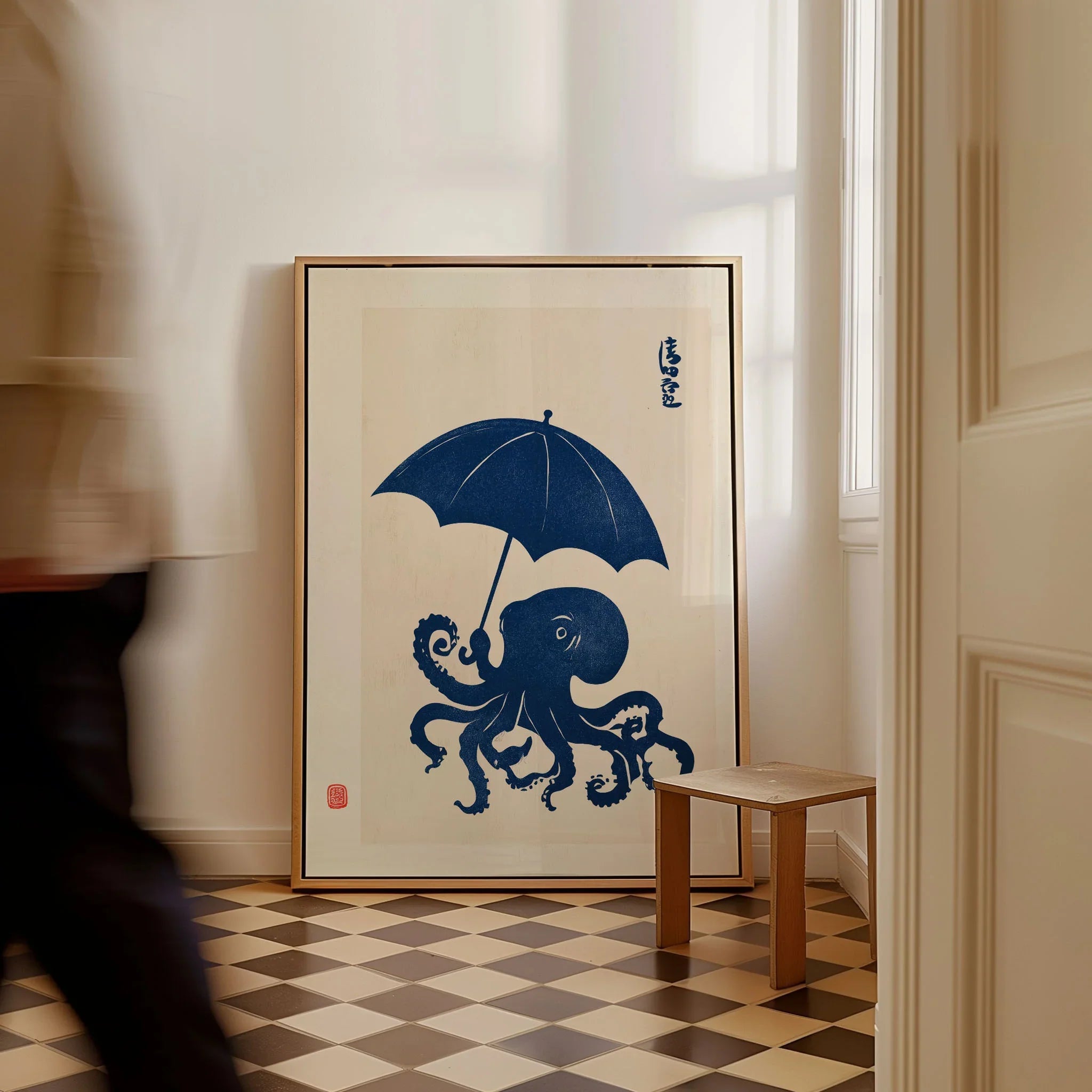 Octopus with Umbrella Art Print – Blue Japanese Wall Art — framed canvas on floor man walking past