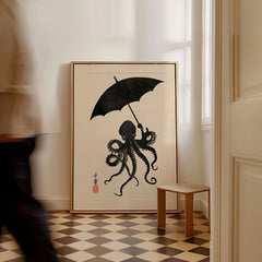 Octopus Umbrella Wall Art – Black Japanese Woodblock Print — framed canvas on floor man walking past