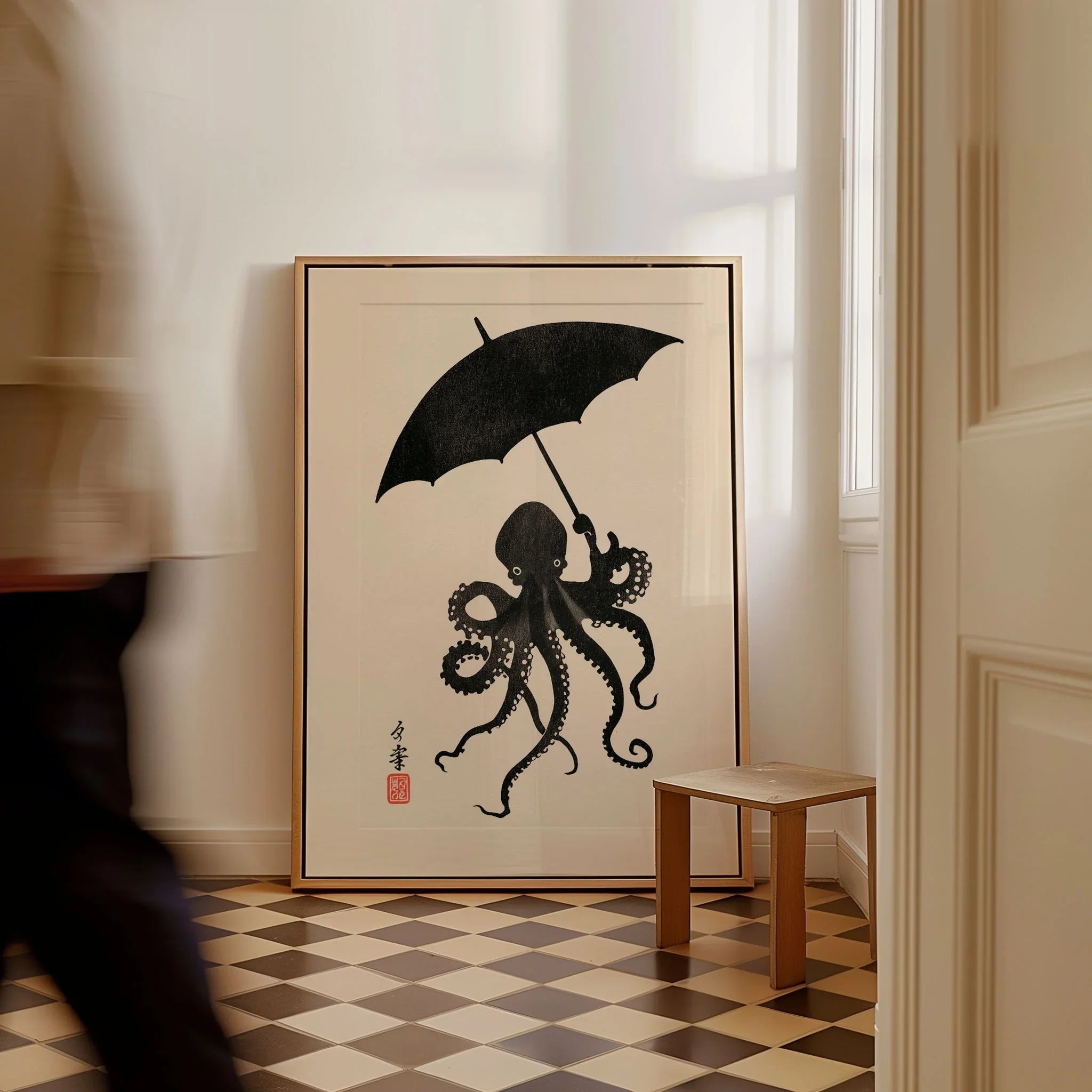 Octopus Umbrella Wall Art – Black Japanese Woodblock Print — framed canvas on floor man walking past