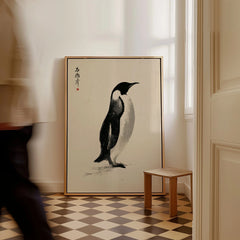Penguin Art Print – Japanese Ink Wall Art — framed canvas on floor man walking past