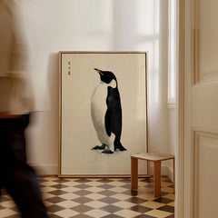 Penguin Wall Art – Minimalist Japanese Ink Art Print — framed canvas on floor man walking past