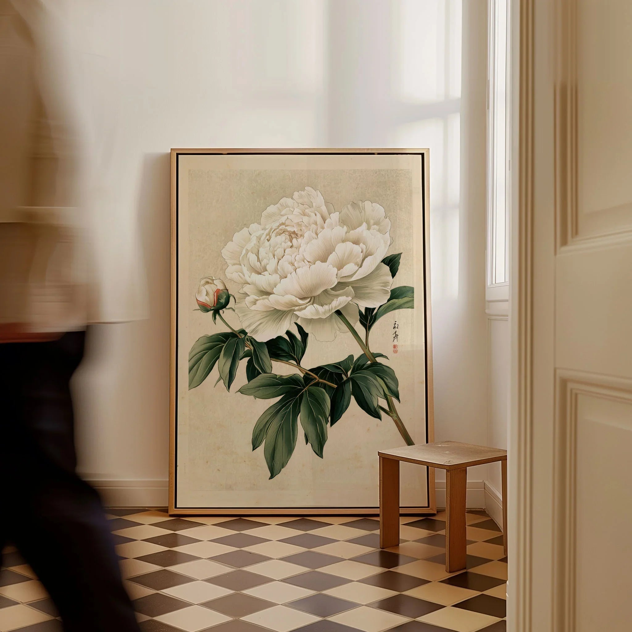 White Peony Art Print – Vintage Japanese Botanical Wall Art — framed canvas on floor man walking past