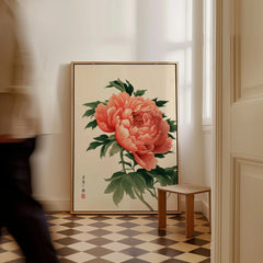 Coral Peony Art Print – Japanese Botanical Wall Art — framed canvas on floor man walking past