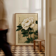Peony Wall Art – Vintage Japanese Flower Print — framed canvas on floor man walking past