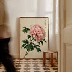 Pink Peony Art Print – Japanese Botanical Wall Art — framed canvas on floor man walking past