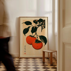 Persimmon Art Print – Japanese Botanical Kitchen Wall Art — framed canvas on floor man walking past
