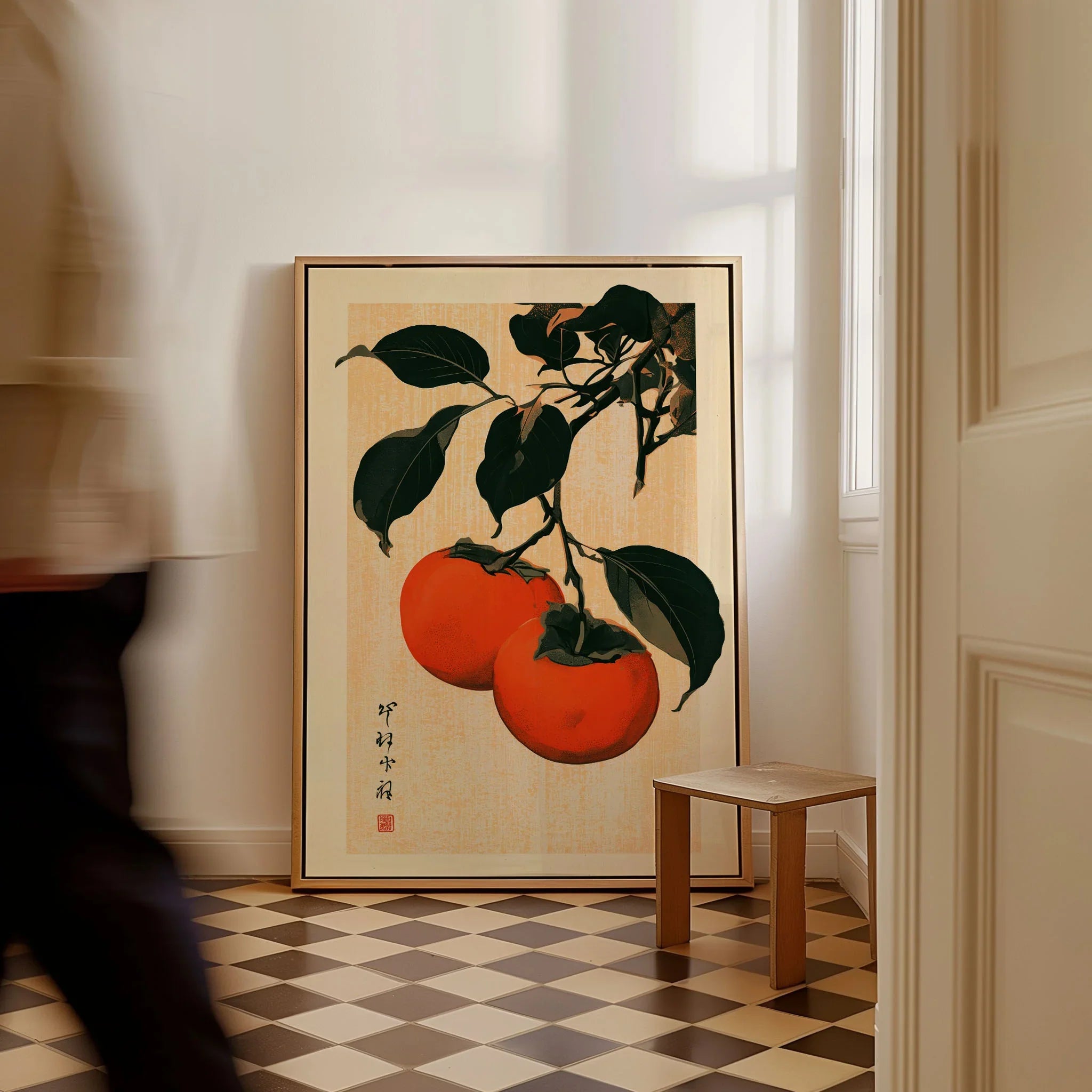 Persimmon Art Print – Japanese Botanical Kitchen Wall Art — framed canvas on floor man walking past