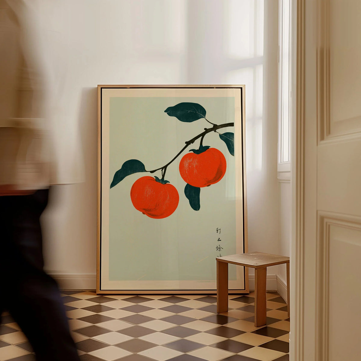 Persimmon Wall Art – Vintage Japanese Fruit Print — framed canvas on floor man walking past