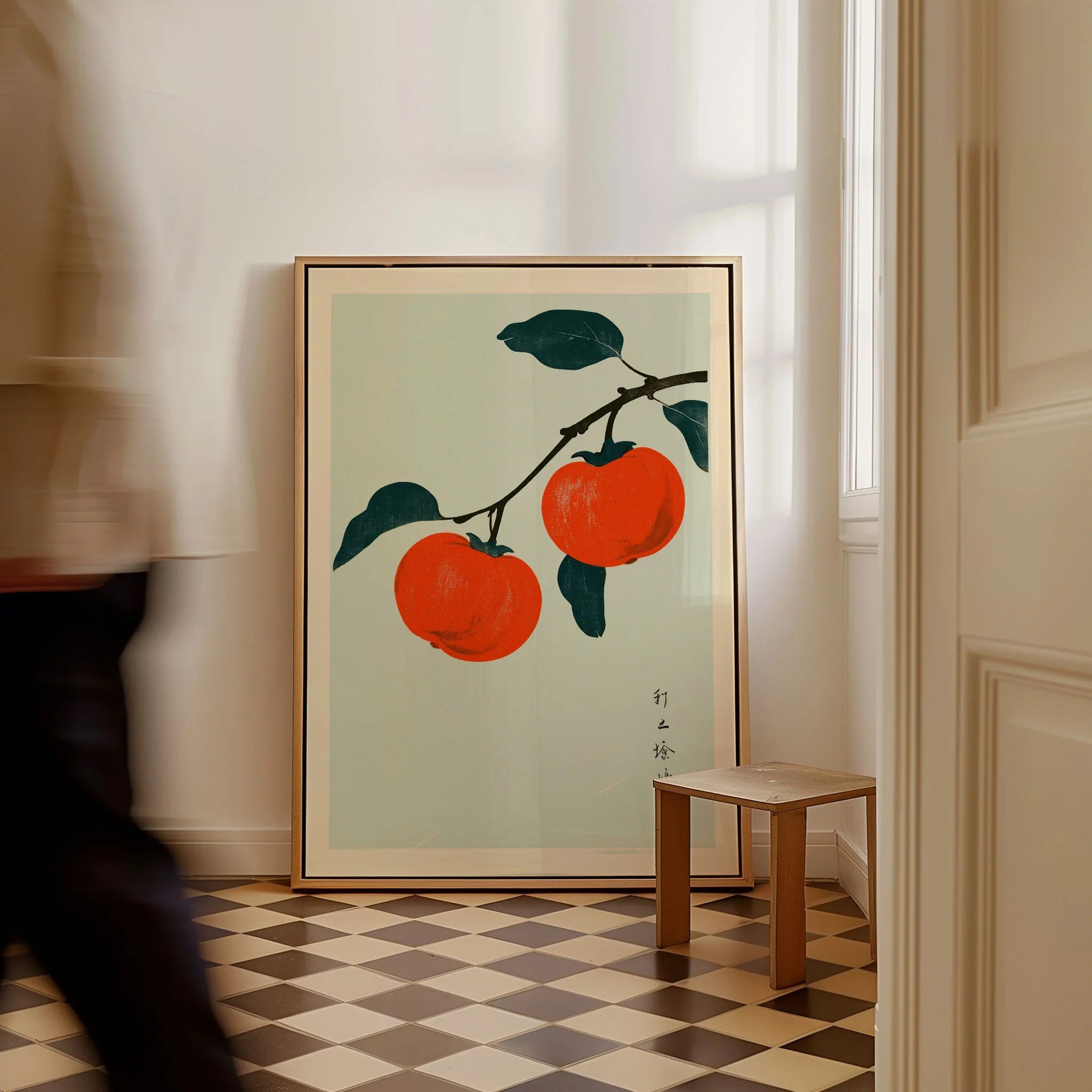 Persimmon Wall Art – Vintage Japanese Fruit Print — framed canvas on floor man walking past