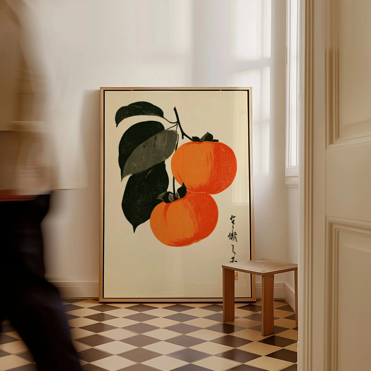 Japanese Persimmon Art Print – Vintage Fruit Wall Art — framed canvas on floor man walking past