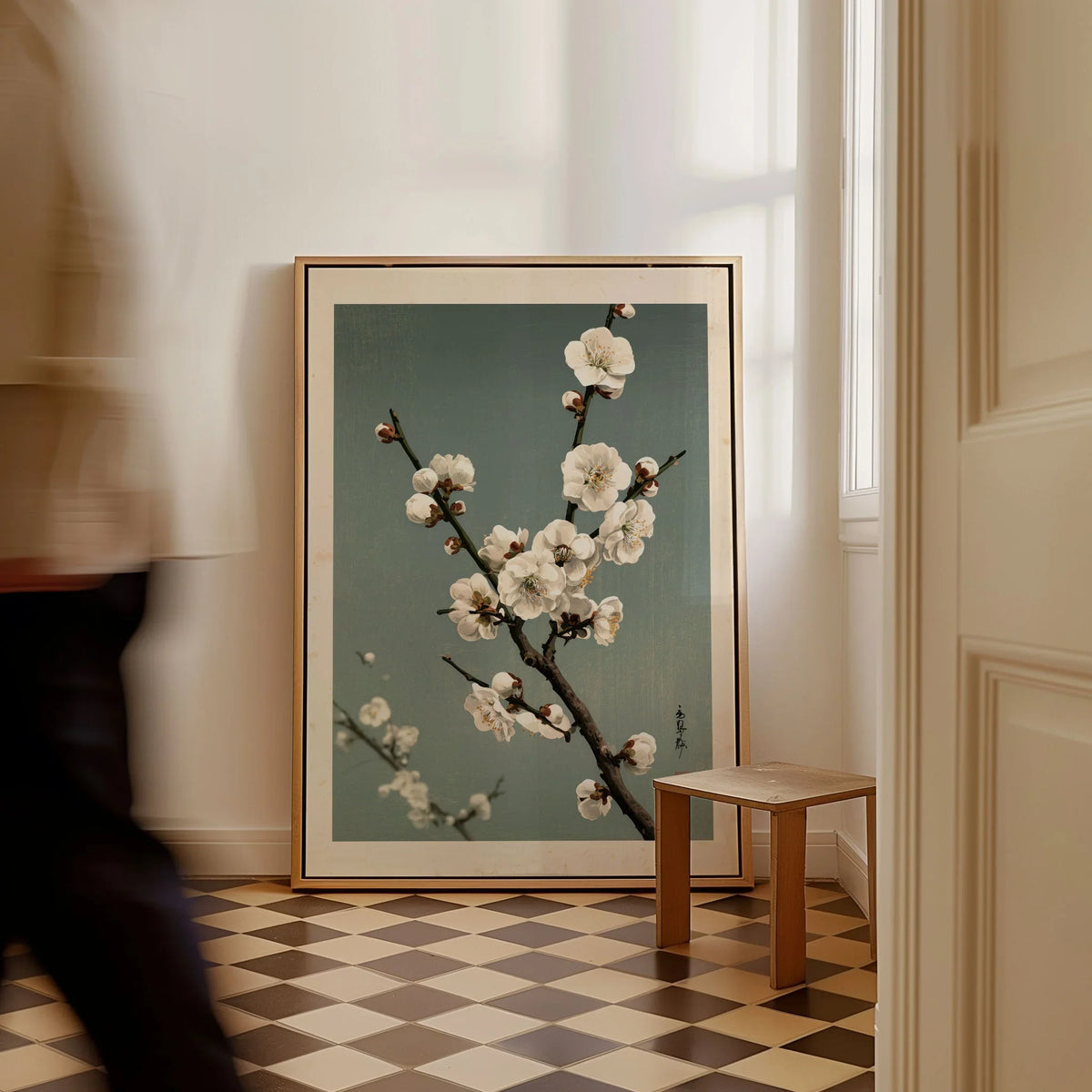Plum Blossom Wall Art – Vintage Japanese Botanical Print — framed canvas on floor man walking past