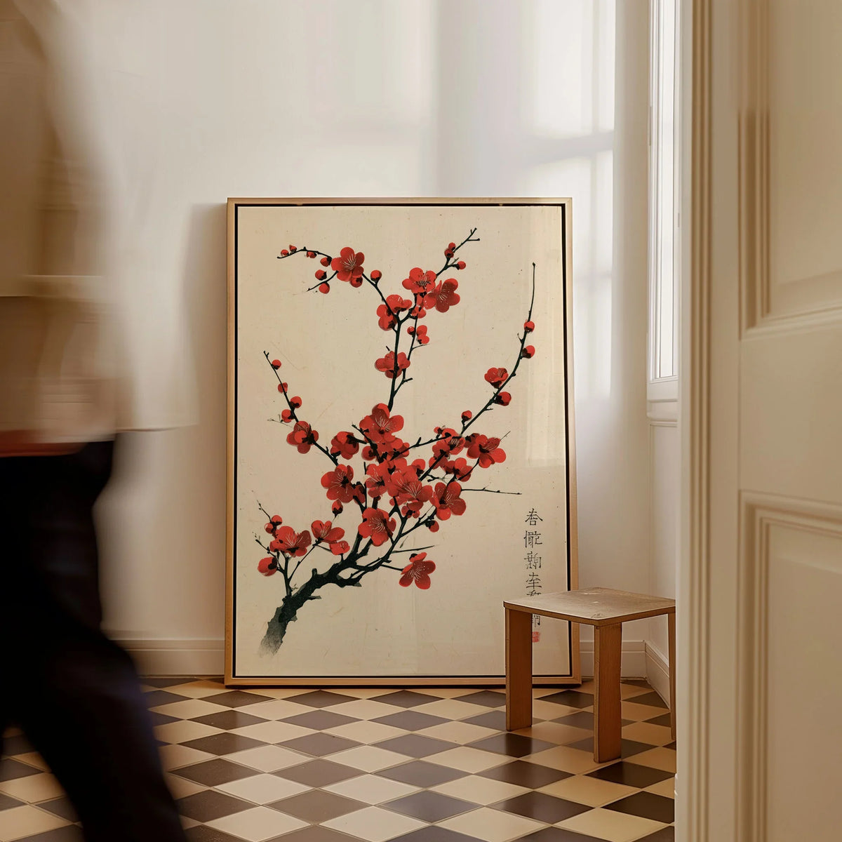 Red Blossom Art Print – Vintage Japanese Plum Wall Art — framed canvas on floor man walking past