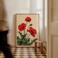 Red Poppy Art Print – Japanese Botanical Wall Art — framed canvas on floor man walking past