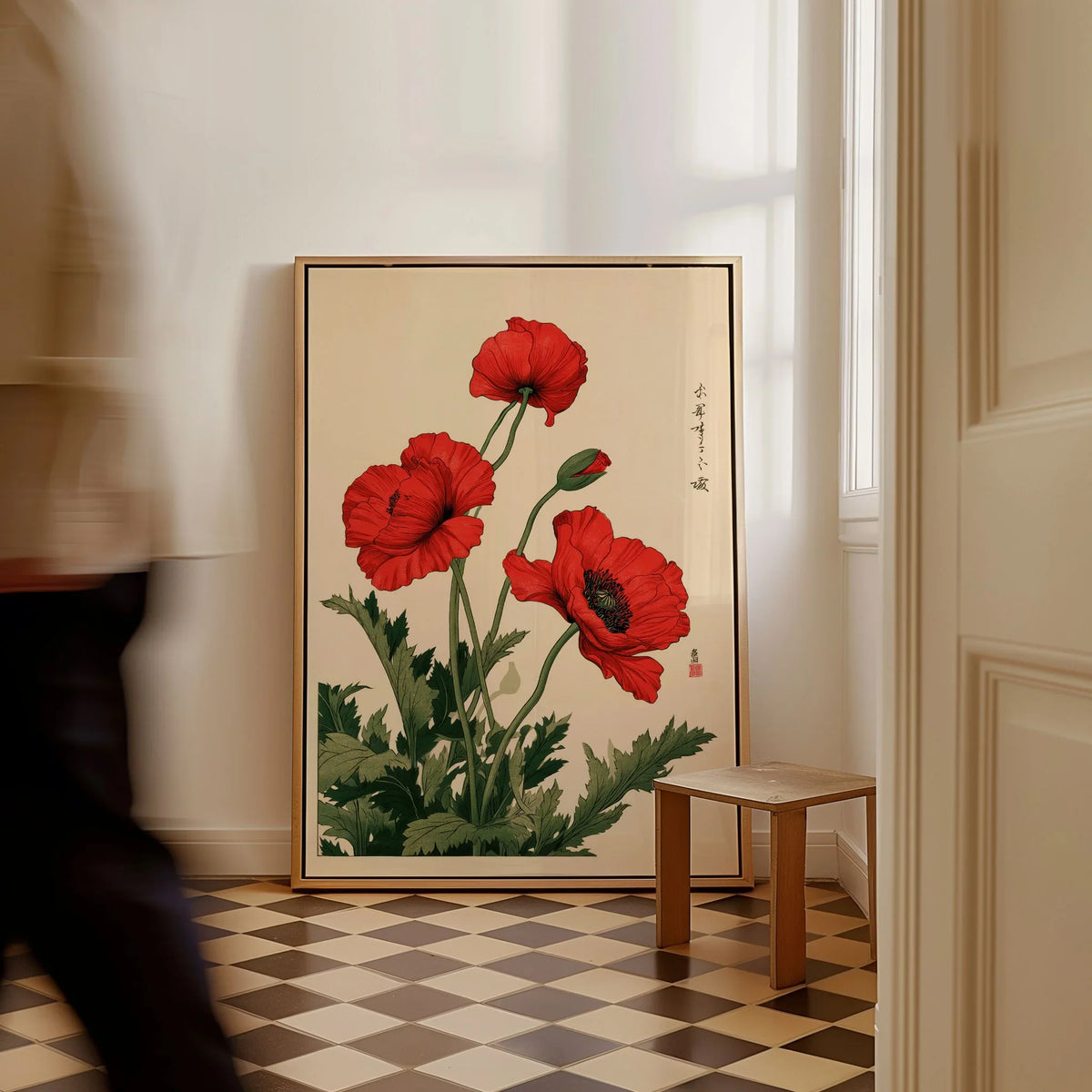 Red Poppy Art Print – Japanese Botanical Wall Art — framed canvas on floor man walking past