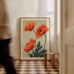 Orange Poppy Art Print – Vintage Japanese Floral Wall Art — framed canvas on floor man walking past