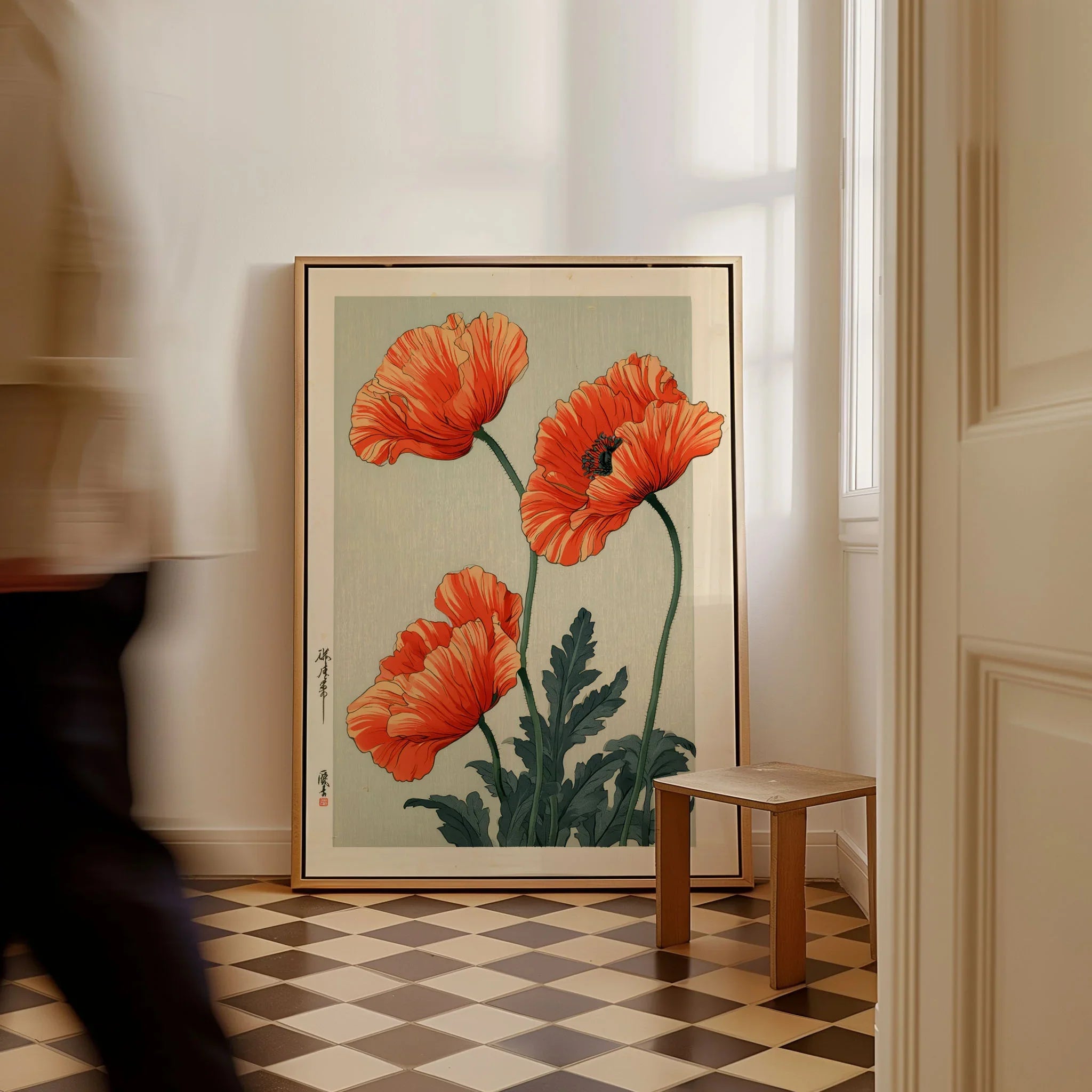 Orange Poppy Art Print – Vintage Japanese Floral Wall Art — framed canvas on floor man walking past