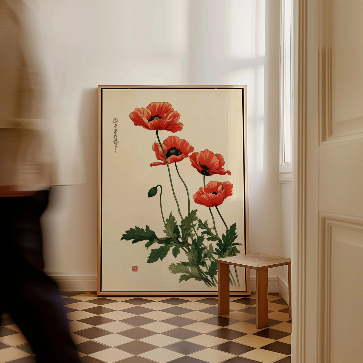 Poppy Wall Art – Vintage Japanese Botanical Print — framed canvas on floor man walking past