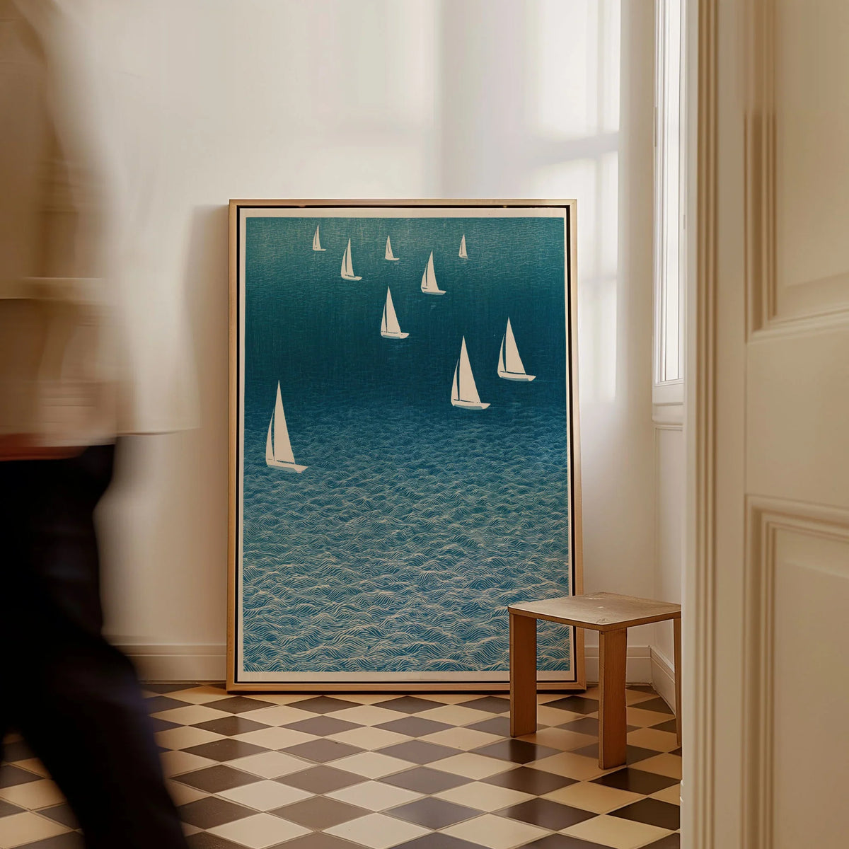 Sailing Boats Art Print – Blue Japanese Coastal Wall Art — framed canvas on floor man walking past