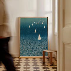 Sailboat Wall Art – Japanese Blue Ocean Print — framed canvas on floor man walking past