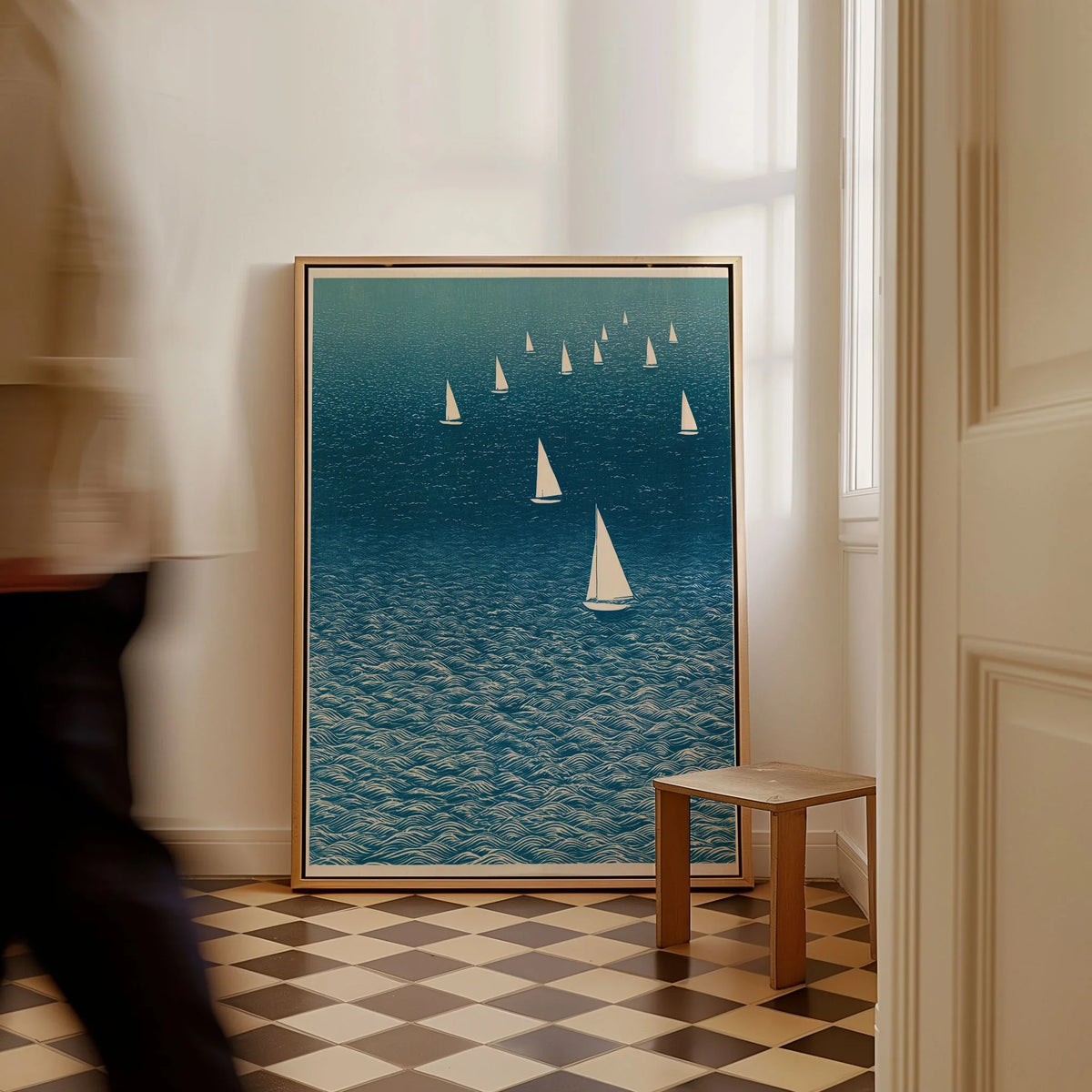 Sailboat Wall Art – Japanese Blue Ocean Print — framed canvas on floor man walking past