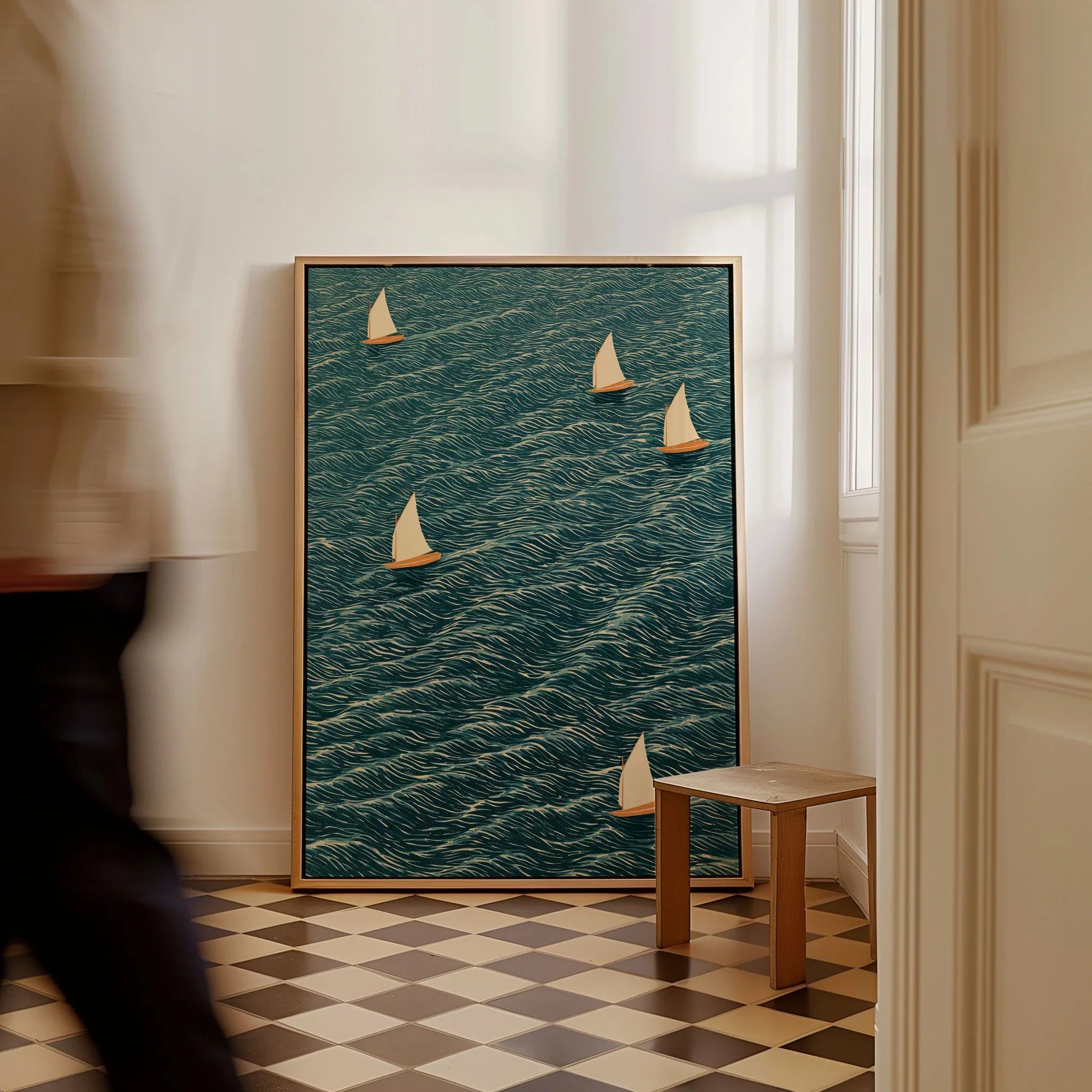 Sailing Boats Wall Art – Vintage Japanese Coastal Print — framed canvas on floor man walking past